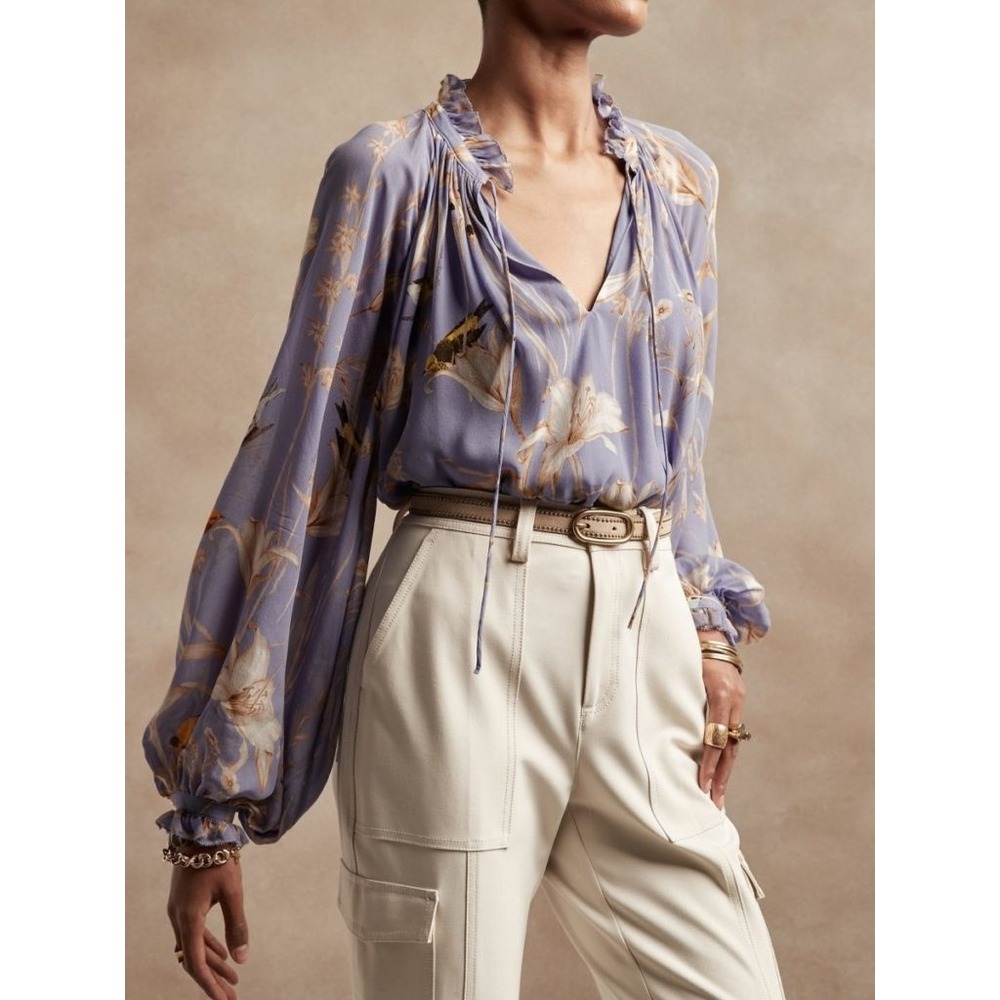 Banana Republic Womens Petite Purple Floral Bird Print Ruffle Tie Neck Blouse MP